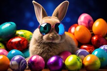Easter Bunny Rabbit In Cool Sunglasses Wit Colorful Easter Eggs .Easter Egg Hunt Concept. Bunny Easter With Sunglasses And Eggs In Hipster Style. Cool Easter Bunny Wearing Sunglasses