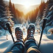 Shoes of a hiker in the snow with hiking sticks, forest, winter, sunset.
