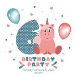 Fototapeta Dinusie - Birthday party invitation with baby unicorn