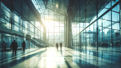 Wall Mural - Business people silhouettes are walking in glass office lobby against of sun rice light