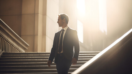 Wall Mural - Business people silhouettes are walking in glass office lobby against of sun rice light