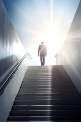 Wall Mural - Businessman walks up stairway towards the sun light