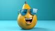 Cheerful and happy pear with glasses. Smiling anthropomorphic fruit in sunglasses on blue background