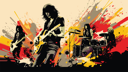 Wall Mural - vector poster for a rock music festival, showcasing stylized illustrations of iconic rock bands and 