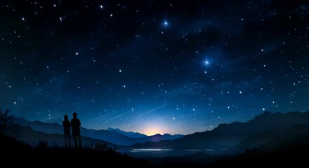 Wall Mural - a couple stands and watches a meteor shower in the starry night sky over a mountainous region. the c