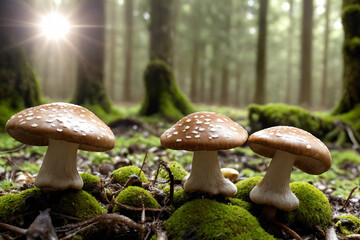 Mushrooms growing in the forest on mossy ground with sunligh