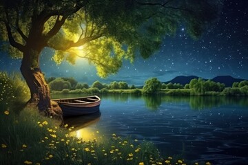 Wall Mural -  a painting of a boat sitting on the shore of a lake under a tree with a full moon in the sky and stars in the night sky above the water.
