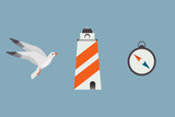 Fototapeta Pokój dzieciecy - Cartoon vector set on blue background. Lighthouse, seagull and compass. 