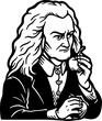 Sir Isaac Newton looking at apple cartoon and thinking