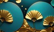 Set of abstract geometric prints, 3d art landscape. golden and turquoise ginko biloba leaves and golden circles, Generative AI