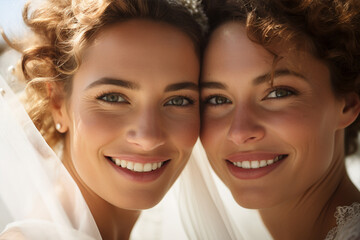 Wall Mural - Portrait of beautiful couple of lesbian brides in wedding dresses