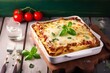 Lasagna with meat and tomato sauce baked in the oven in a ceramic dish. bolognese lasagna