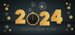 happy new year 2024 with golden frame clock fireworks at dark vector background