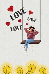 Canvas Print - Vertical contemporary photo collage of young funky girl sit on swing smile happy inspired by love playful lightbulb on creative background