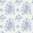 © Olha - Vintage seamless pattern toile art with bouquet flowers of Clematis blue. Hand drawn elements Monochrome. Vector floral background