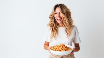 Wall Mural - Satisfied caucasian lady enjoying tasty Italian spaghetti, wearing white t-shirt, standing on gray studio background, holding large plate of pasta. Concept of food, dinner, cooking. Scopy space