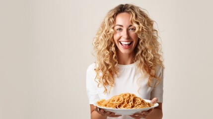 Wall Mural - Close up photo of cute blonde woman holding plate with spaghetti, smiling look at camera on grey background. Copy space. Bolognese pasta. Woman cooked spaghetti. Italian food and menu concept.