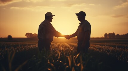 two farmers shaking hands in corn field