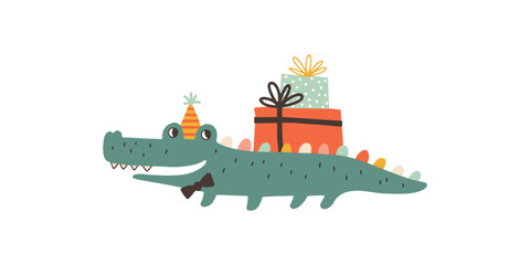 Wall Mural - Cheerful crocodile carries birthday presents on his back. A cute holiday cartoon character in a simple childish hand-drawn style. Vector isolate in pastel vintage palette on white background.