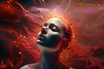 Poster - Close-up of a person amidst abstract cerebral connectivity patterns, illustrating the interconnected and collaborative nature of brain-inspired design.