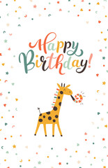 Wall Mural - A cheerful giraffe blows a festive blower. A cute festive cartoon character in a simple childish hand-drawn style. Vector card with happy birthday lettering and confetti in a pastel palette.