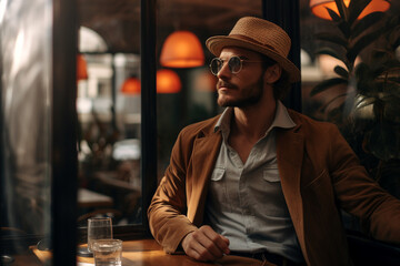 Generative AI portrait of young person sitting dreamy in aroma cafeteria enjoying morning coffee