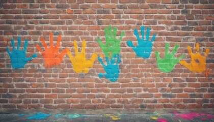 Poster -  colorful hand prints on a brick wall in front of a wall with a brick wall painted with multicolored paint.