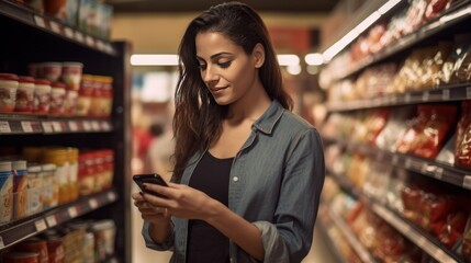 Young woman using smartphone at super shop