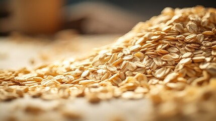 Poster -  a pile of rolled oats sitting on top of a table next to another pile of rolled oats sitting on top of a table next to each other pile of rolled oats.