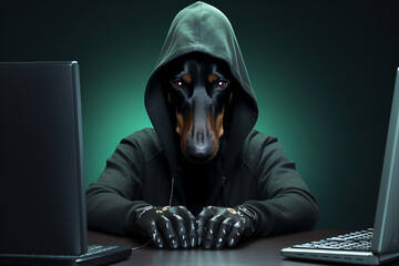 Generative AI portrait hacker in dark room secret organization community specialists