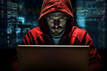 Generative AI portrait hacker in dark room secret organization community specialists