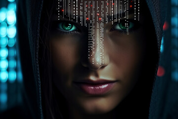Generative AI portrait hacker in dark room secret organization community specialists