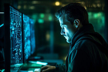 Generative AI portrait hacker in dark room secret organization community specialists