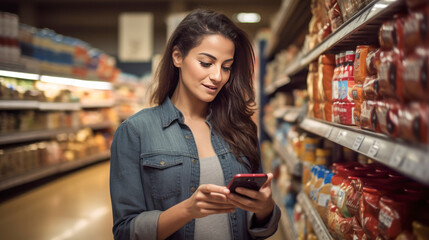 Young woman using smartphone at super shop