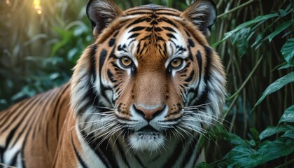 Poster -  a close up of a tiger in a field of grass and plants with a bright light shining on the tiger's face.