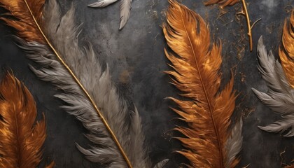 Sticker -  a close up of a bunch of feathers on a black and gray surface with orange and white feathers on it.