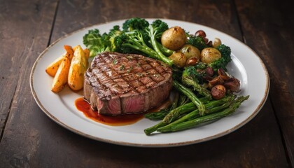 Wall Mural -  a plate of steak, broccoli, potatoes, and green beans with gravy on a wooden table.