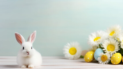 Wall Mural - Cute Easter bunny with eggs and flowers on light blue backgound