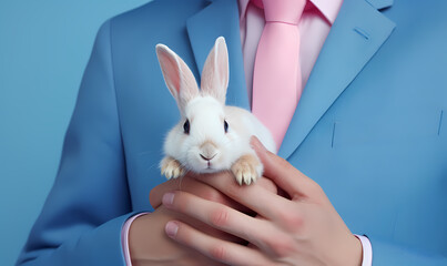Wall Mural - a man in blue suit is holding a fluffy rabbit. Easter holidays concept. Generative AI