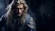 Male Model, Handsome Noble Warrior, Long Blond Hair, Sapphire Eyes, Look, Blue And Silver Fantasy Clothing, High Detail, Natural Light, Precise Hyperrealism,