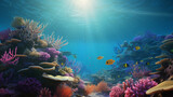 Fototapeta Do akwarium - an underwater scene with colorful corals and tropical fish, illuminated by sunlight filtering through the water.