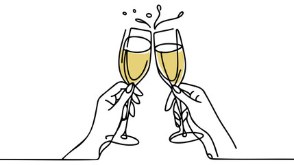 Wall Mural - Continuous line champagne cheers one line art, continuous drawing contour. Hands toasting with wine glasses with drinks. Cheers toast festive decoration for holidays. Vector illustration