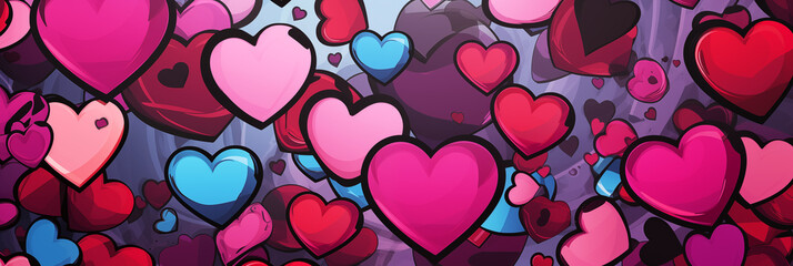 Wall Mural - Abstract colorful wall scribble hearts pattern background banner, street art graffiti texture. Panoramic web header with copy space. Wide screen wallpaper
