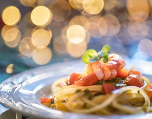 Wall Mural - Small prawns tomato compote Tagliatelle with pesto