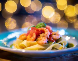 Wall Mural - Small prawns tomato compote Tagliatelle with pesto