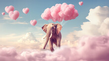 Pink Elephant Flying In The Sky Carried With Pink Balloons
