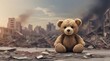 kids teddy bear toy over city burned destruction of an aftermath, earthquake or fire against children peace innocence as copyspace banner. generative ai 
