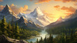 Majestic mountains bathed in the golden light of a summer sunset, creating a stunning and realistic natural landscape captured in high definition clarity.