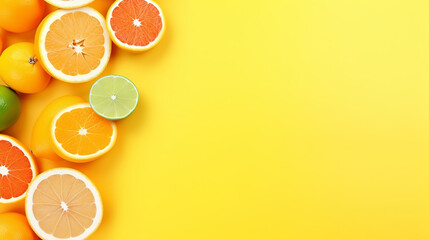 Wall Mural - Citruses fruits on Illuminating pantone colored background with copyspace, fruit flatlay, summer minimal compositon with grapefruit, lemon, mandarin and orange isolated background