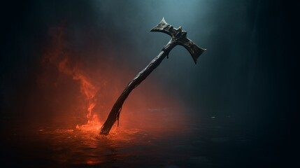 Wall Mural - A lone fire axe, bathed in a pool of soft light, stands against a backdrop of smoky haze--a symbol of courage in the face of adversity